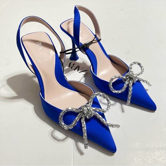 Zara Blue EMBELLISHED BOW HEELED SLINGBACKS - Picture 6 of 15